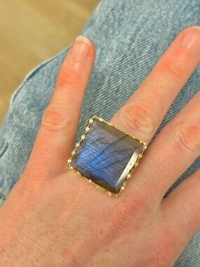 Solid 14k Rare HEAVY Labradorite Square Ring Large Statement Ring